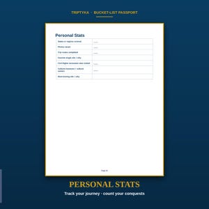 May include: A white page from a Triptyka Bucket-List Passport titled Personal Stats. The page features a table with rows for states or regions covered, photos saved, trip routes, sites visited, and cultural centers, with blank lines for entries.
