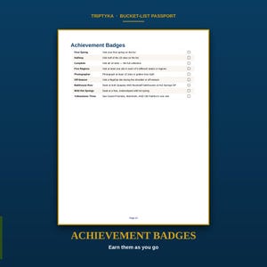 Peut inclure: Une page blanche du passeport Triptyka Bucket-List intitul&eacute;e Achievement Badges. Elle &eacute;num&egrave;re neuf objectifs, notamment First Spring, Halfway, Complete, Five Regions, Photographer, Off-Season, Bathhouse Row, Wild Hot Springs et Yellowstone Three.