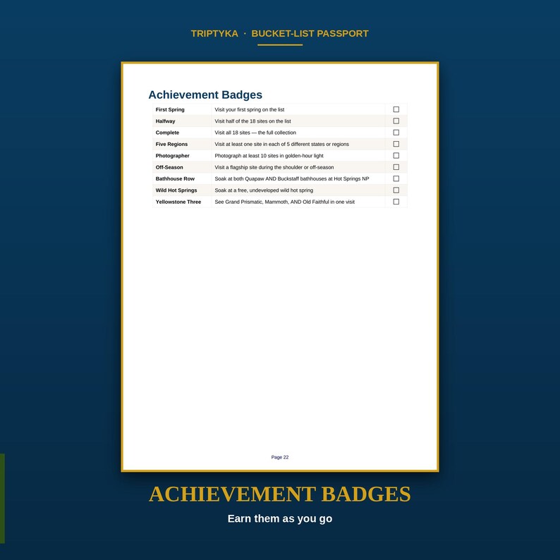 Peut inclure: Une page blanche du passeport Triptyka Bucket-List intitul&eacute;e Achievement Badges. Elle &eacute;num&egrave;re neuf objectifs, notamment First Spring, Halfway, Complete, Five Regions, Photographer, Off-Season, Bathhouse Row, Wild Hot Springs et Yellowstone Three.