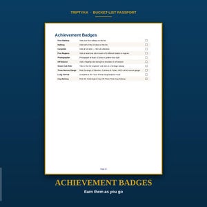 K&ouml;nnte beinhalten: Eine wei&szlig;e Seite mit dem Titel Achievement Badges aus einem Triptyka Bucket-List Passport. Die Liste enth&auml;lt Punkte wie First Railway, Halfway, Complete, Five Regions, Photographer, Off-Season, Steam Cab Ride, Three Narrow Gauge, Long Amtrak und Cog Railway.