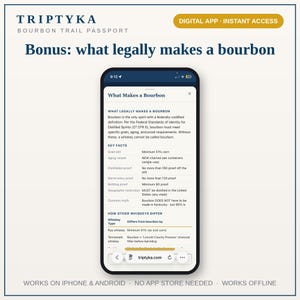 K&ouml;nnte beinhalten: Ein Smartphone mit der digitalen App Triptyka Bourbon Trail Passport. Der Bildschirm zeigt eine Informationsseite mit dem Titel What Makes a Bourbon, die gesetzliche Anforderungen an Getreidemischung, Fasslagerung und Alkoholgehalt erl&auml;utert.