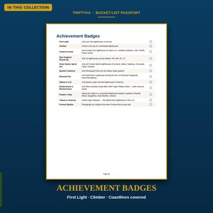 May include: A white page titled Achievement Badges from a Triptyka Bucket-List Passport. The list includes items like First Light, Climber, and Coast-to-Coast, each with a checkbox. The text is printed in dark blue on a light background with page 40 at the bottom.