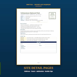 Puede incluir: Una p&aacute;gina informativa blanca titulada Yellowstone National Park de un pasaporte de lista de deseos. Incluye detalles del parque, datos, consejos de expertos y una secci&oacute;n de registro de visitas con campos para fecha, clima, aspectos destacados y un sello o firma de guardaparques.