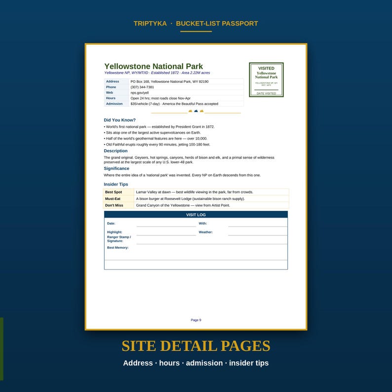 Puede incluir: Una p&aacute;gina informativa blanca titulada Yellowstone National Park de un pasaporte de lista de deseos. Incluye detalles del parque, datos, consejos de expertos y una secci&oacute;n de registro de visitas con campos para fecha, clima, aspectos destacados y un sello o firma de guardaparques.