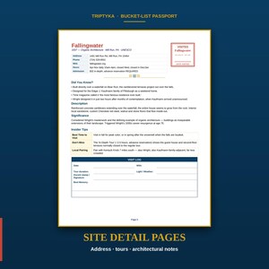 Op de afbeelding: Een witte pagina uit een bucketlist-paspoort getiteld Fallingwater, met architectonische details, locatiegegevens, een weetjessectie, insidertips en een bezoeklogboek-tabel met lege velden voor datum, duur en notities.