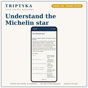 May include: A smartphone displaying the Triptyka Star Plates Passport digital app, featuring the text 'Understand the Michelin star' and 'The Michelin Star' with key facts about the history, global statistics, and U.S. coverage of the Michelin star system.