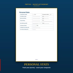 K&ouml;nnte beinhalten: Eine wei&szlig;e Seite mit der &Uuml;berschrift Personal Stats aus einem Triptyka Bucket-List Passport. Das Formular enth&auml;lt Felder f&uuml;r die Anzahl der besuchten Bibliotheken, die erste und letzte Bibliothek, die Lieblingsbibliothek und das Jahr.