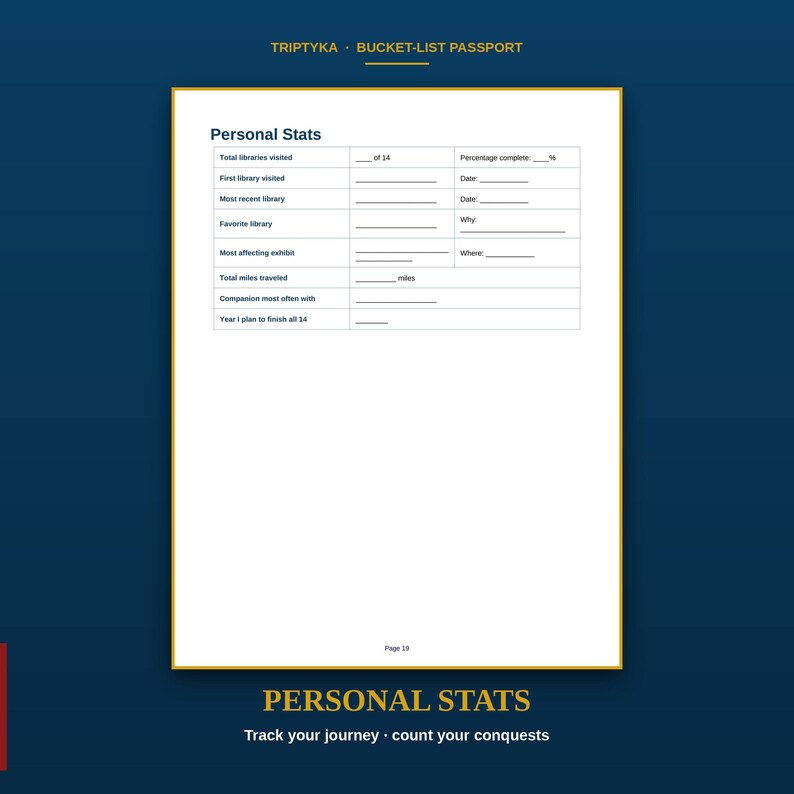 K&ouml;nnte beinhalten: Eine wei&szlig;e Seite mit der &Uuml;berschrift Personal Stats aus einem Triptyka Bucket-List Passport. Das Formular enth&auml;lt Felder f&uuml;r die Anzahl der besuchten Bibliotheken, die erste und letzte Bibliothek, die Lieblingsbibliothek und das Jahr.