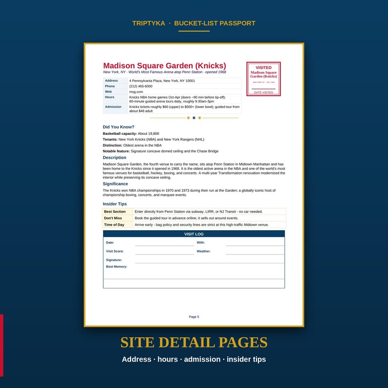 May include: A Triptyka bucket-list passport page featuring Madison Square Garden, New York. The document includes address, phone, web, hours, admission, Did You Know facts, description, significance, insider tips, and a visit log section.