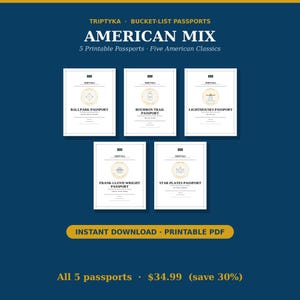 Bucket List Passport-paket | 5 utskrivbara PDF-spårare — Basebollplaner, Bourbon Trail, fyrar, Frank Lloyd Wright och fina restauranger