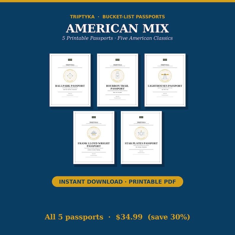Pacchetto Passaporto della Lista dei Desideri / 5 Tracker PDF stampabili — Stadi di baseball, Percorso del Bourbon, Fari, Frank Lloyd Wright e Ristoranti di lusso immagine 1