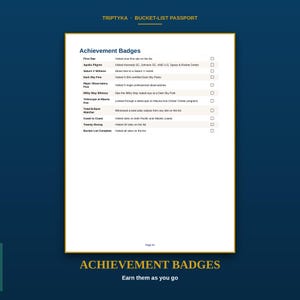 Pu&ograve; includere: Una pagina bianca intitolata Achievement Badges tratta da un Triptyka Bucket-List Passport. L'elenco include First Star, Apollo Pilgrim, Saturn V Witness, Dark Sky Five, Major Observatory Five, Milky Way Witness, Telescope at Mauna Kea e altro.