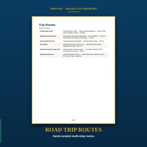 Pu&ograve; includere: Una pagina bianca intitolata Trip Routes tratta da un passaporto Triptyka Bucket-List. Il documento elenca sei itinerari di viaggio, tra cui Florida Space Coast, California Astronomy Pair, Arizona Dark-Sky Trail, Texas West, Houston-Huntsville Apollo Trail e Northeast Astronomy, con le relative localit&agrave; e la durata stimata del viaggio.
