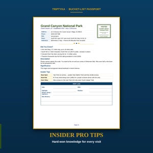 Puede incluir: Una p&aacute;gina del pasaporte Triptyka Bucket-List sobre el Parque Nacional del Gran Ca&ntilde;&oacute;n. El documento incluye detalles del parque, datos, consejos de expertos y una secci&oacute;n de registro de visitas con campos para fecha, punto destacado, clima, sello de guardaparques y mejor recuerdo.