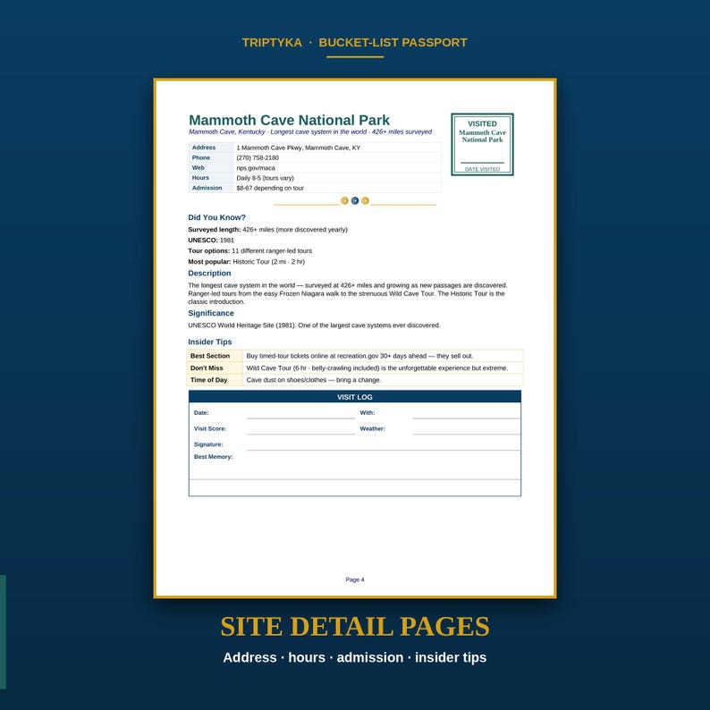May include: A white informational page titled Triptyka Bucket-List Passport featuring details about Mammoth Cave National Park. The document includes address, phone, website, hours, admission, facts, insider tips, and a visit log section for notes.