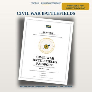 Może przedstawiać: Biały dokument PDF do druku zatytułowany Civil War Battlefields Passport. Okładka zawiera centralny okrągły emblemat z ż&oacute;łtą ikoną armaty, tekst Triptyka oraz podtytuł The Decisive Ground of the American Civil War.
