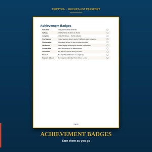 K&ouml;nnte beinhalten: Eine wei&szlig;e Seite mit dem Titel Achievement Badges aus einem Triptyka Bucket-List Passport. Die Liste enth&auml;lt First Diner, Halfway, Complete, Five Regions, Photographer, Off-Season, Counter Seat, Streamliner, Route 66 und Beignets at Dawn mit Kontrollk&auml;stchen.