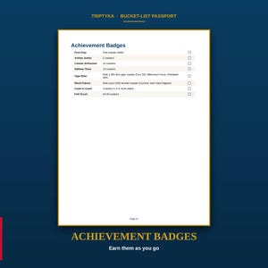 K&ouml;nnte beinhalten: Eine wei&szlig;e Seite mit dem Titel Achievement Badges aus einem Triptyka Bucket-List Passport. Die Liste enth&auml;lt First Drop, Airtime Junkie, Coaster Enthusiast, Halfway There, Giga Rider, Wood Classic, Coast to Coast und Full Circuit mit Kontrollk&auml;stchen.