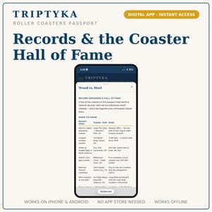 May include: A Triptyka Roller Coasters Passport digital app interface displayed on a smartphone screen. The screen shows a table titled Wood vs. Steel, listing various roller coaster records, hall of fame entries, and park details in dark blue text.