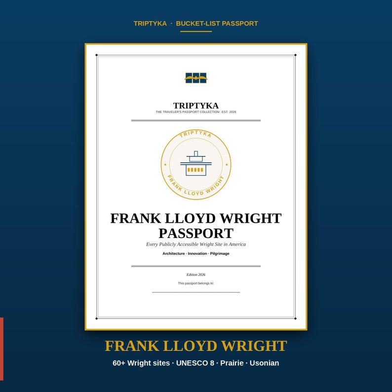 Frank Lloyd Wright Passport · Gift for Architecture Lover · Wright Site Bucket List · Printable PDF Instant Download afbeelding 1