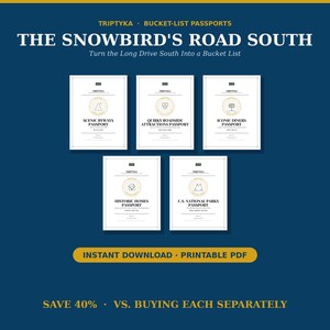 Pu&ograve; includere: Un set di cinque libretti passaporto stampabili intitolati The Snowbird's Road South, inclusi Scenic Byways, Quirky Roadside Attractions, Iconic Diners, Historic Homes e U.S. National Parks. Ogni libretto bianco presenta un'icona circolare.