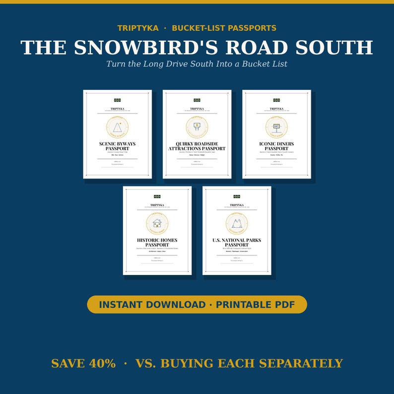 Pu&ograve; includere: Un set di cinque libretti passaporto stampabili intitolati The Snowbird's Road South, inclusi Scenic Byways, Quirky Roadside Attractions, Iconic Diners, Historic Homes e U.S. National Parks. Ogni libretto bianco presenta un'icona circolare.