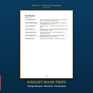 Op de afbeelding: Een wit document getiteld Trip Routes met een lijst van reisroutes waaronder Chicago Wright Weekend, Wisconsin Wright Pilgrimage, Pennsylvania Wright Pair, California Wright Tour, Southwest Wright Sun-Belt, East Coast Wright Sample en Florida Wright Anchor.