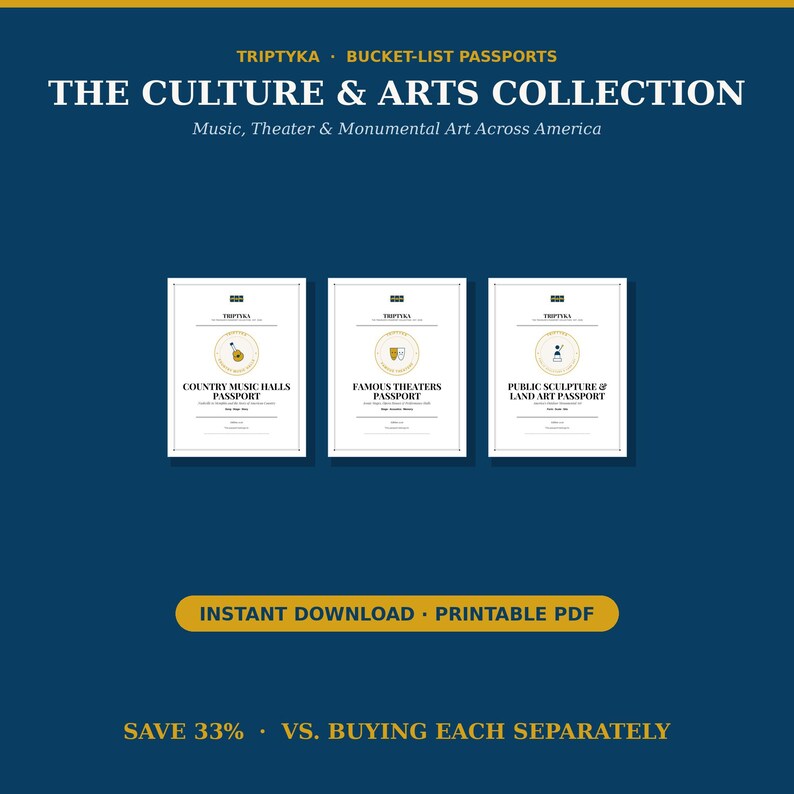 May include: A digital collection of three printable passport booklets titled The Culture & Arts Collection, featuring Country Music Halls, Famous Theaters, and Public Sculpture & Land Art Passports. The dark blue background displays text including Instant Download and Printable PDF.
