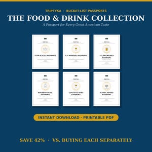 May include: Six white booklets titled The Food & Drink Collection by Triptyka, featuring Star Plates, U.S. Wineries, U.S. Breweries, Bourbon Trail, Cocktail Bars, and Iconic Diners passports. Each cover displays a gold icon and text. Instant download printable PDF.
