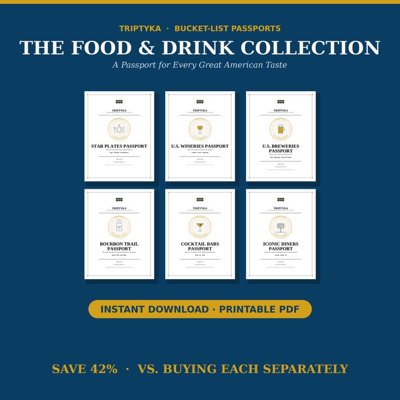 May include: Six white booklets titled The Food & Drink Collection by Triptyka, featuring Star Plates, U.S. Wineries, U.S. Breweries, Bourbon Trail, Cocktail Bars, and Iconic Diners passports. Each cover displays a gold icon and text. Instant download printable PDF.