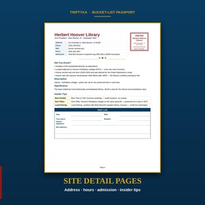 K&ouml;nnte beinhalten: Eine Triptyka Bucket-List Reisepass-Seite zur Herbert Hoover Library. Das Dokument enth&auml;lt Adresse, Telefonnummer, Website, &Ouml;ffnungszeiten, Eintrittspreise, historische Fakten, Insider-Tipps und einen Bereich f&uuml;r ein Besuchsprotokoll.