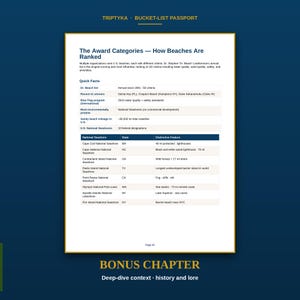 May include: A white informational page titled The Award Categories &mdash; How Beaches Are Ranked, featuring a table of U.S. National Seashores, states, and distinctive features, with the header Triptyka Bucket-List Passport and footer Page 25.