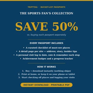 Puede incluir: Un gr&aacute;fico informativo digital azul oscuro titulado TRIPTYKA BUCKET-LIST PASSPORTS THE SPORTS FAN'S COLLECTION. Enumera caracter&iacute;sticas que incluyen una lista de verificaci&oacute;n, p&aacute;ginas de detalles, registros de visitas y distintivos, adem&aacute;s de instrucciones.