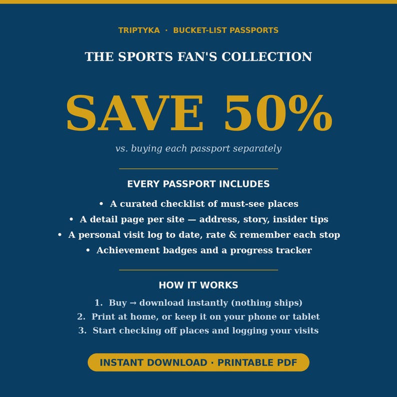 Puede incluir: Un gr&aacute;fico informativo digital azul oscuro titulado TRIPTYKA BUCKET-LIST PASSPORTS THE SPORTS FAN'S COLLECTION. Enumera caracter&iacute;sticas que incluyen una lista de verificaci&oacute;n, p&aacute;ginas de detalles, registros de visitas y distintivos, adem&aacute;s de instrucciones.