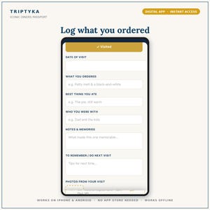 Puede incluir: Una interfaz de aplicaci&oacute;n digital titulada Triptyka Iconic Diners Passport en la pantalla de un tel&eacute;fono inteligente. El formulario incluye campos para la fecha de visita, lo que pidi&oacute;, lo mejor que comi&oacute;, acompa&ntilde;antes, notas y fotos de la visita.