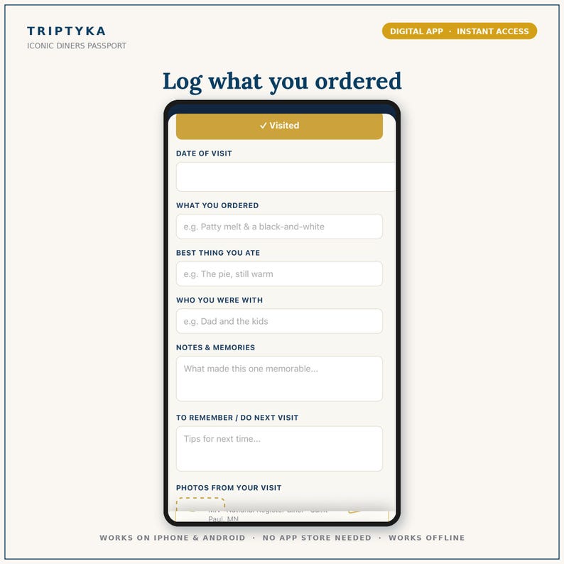 Puede incluir: Una interfaz de aplicaci&oacute;n digital titulada Triptyka Iconic Diners Passport en la pantalla de un tel&eacute;fono inteligente. El formulario incluye campos para la fecha de visita, lo que pidi&oacute;, lo mejor que comi&oacute;, acompa&ntilde;antes, notas y fotos de la visita.