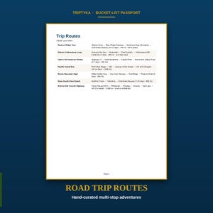 以下が含まれることがあります： Triptyka Bucket-List PassportのTrip Routesと題された白いページ。Eastern Ridge Tour、Glacier-Yellowstone Loop、Utah's All-American Roads、Pacific Coast Runなど、7つのロードトリップの旅程が記載されています。