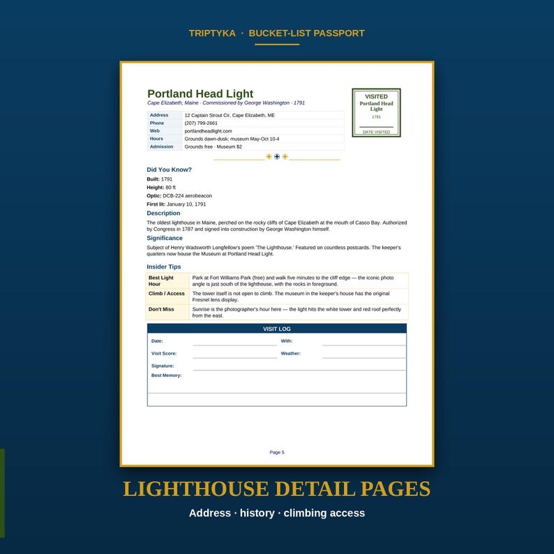 Pu&ograve; includere: Una pagina informativa bianca intitolata Portland Head Light tratta da un passaporto per la lista dei desideri. Include dettagli sulla posizione, fatti storici, consigli per i visitatori e una sezione per il registro delle visite con campi vuoti.