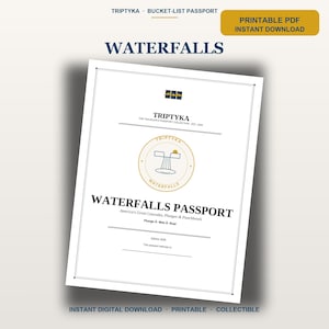 May include: A white printable PDF document titled Waterfalls Passport, featuring a central circular logo with a waterfall graphic, the text America's Great Cascades, Plunges & Punchbowls, and a blank line for a name under the text This passport belongs to.