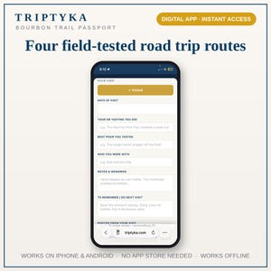 K&ouml;nnte beinhalten: Ein Smartphone mit der Benutzeroberfl&auml;che der digitalen App Triptyka Bourbon Trail Passport. Der Bildschirm zeigt ein Besuchsformular mit Feldern f&uuml;r Datum, Tourdetails, Notizen und Fotos sowie einen goldenen Visited-Button.