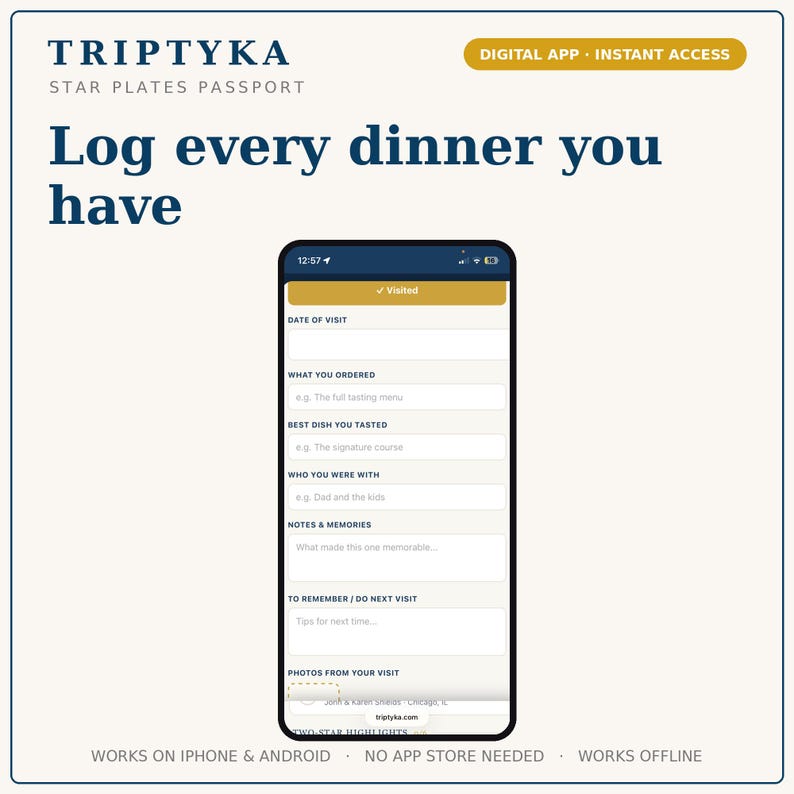 May include: A smartphone displaying the Triptyka Star Plates Passport digital app interface. The screen shows a form to log dinner details including date, order, best dish, companions, notes, and photos. Text reads: Log every dinner you have.