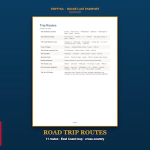 Pu&ograve; includere: Una pagina bianca intitolata Trip Routes tratta da un passaporto Triptyka Bucket-List. Il documento elenca undici itinerari di viaggio, tra cui The Northeast Corridor, The California Swing e The 30-in-30 Sprint, con dettagli su citt&agrave;, giorni, parchi e distanze.