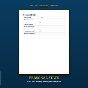 May include: A white page from a Triptyka Bucket-List Passport titled Personal Stats. The page features a table with fields for total parks visited, states covered, photos saved, trip routes, favorite park, dark sky sites, and night-sky photography.