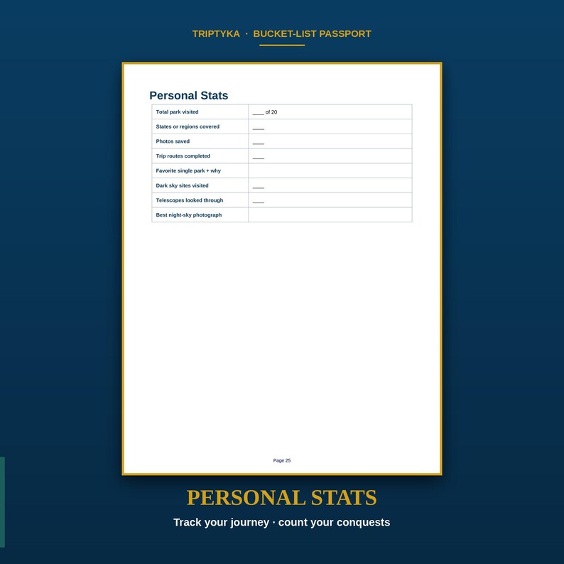 May include: A white page from a Triptyka Bucket-List Passport titled Personal Stats. The page features a table with fields for total parks visited, states covered, photos saved, trip routes, favorite park, dark sky sites, and night-sky photography.