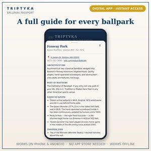 May include: A smartphone screen displaying the Triptyka Ballpark Passport digital guide for Fenway Park. The interface includes sections for architecture, why it matters, good to know facts, and insider tips, with text detailing the stadium history.