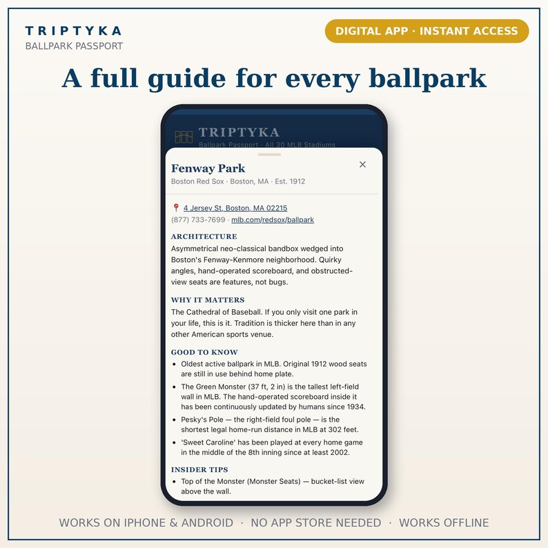 May include: A smartphone screen displaying the Triptyka Ballpark Passport digital guide for Fenway Park. The interface includes sections for architecture, why it matters, good to know facts, and insider tips, with text detailing the stadium history.