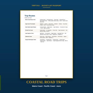 Pu&ograve; includere: Una pagina bianca intitolata Trip Routes dal Triptyka Bucket-List Passport, che elenca itinerari di viaggi costieri tra cui Maine Coast Beacon Run, Cape Cod, Outer Banks, Florida First Coast, Lake Superior, California e Oregon-Washington.