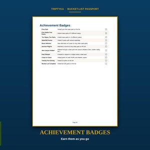 May include: A white page titled Achievement Badges from a Triptyka Bucket-List Passport. It lists milestones like First Park, Waterfall Hunter, and Coast to Coast with checkboxes for tracking progress. The text is dark blue on a white background.