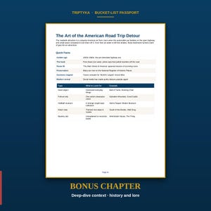 May include: A white page titled The Art of the American Road Trip Detour with a dark blue border. It contains a paragraph, a Quick Facts table, and a list of roadside attraction types including Giant object, Folk-art site, and Mystery site.