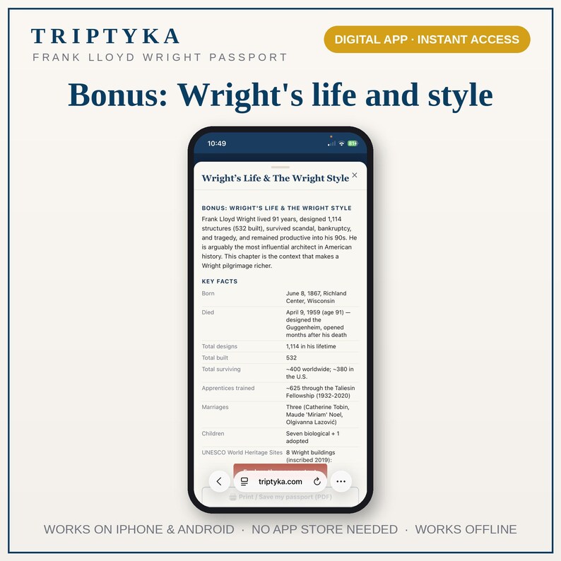 Frank Lloyd Wright Bucket List-app - Present till arkitekturälskare - Byggnadsspårning, åtkomst till telefonapp, iPhone Android bild 7